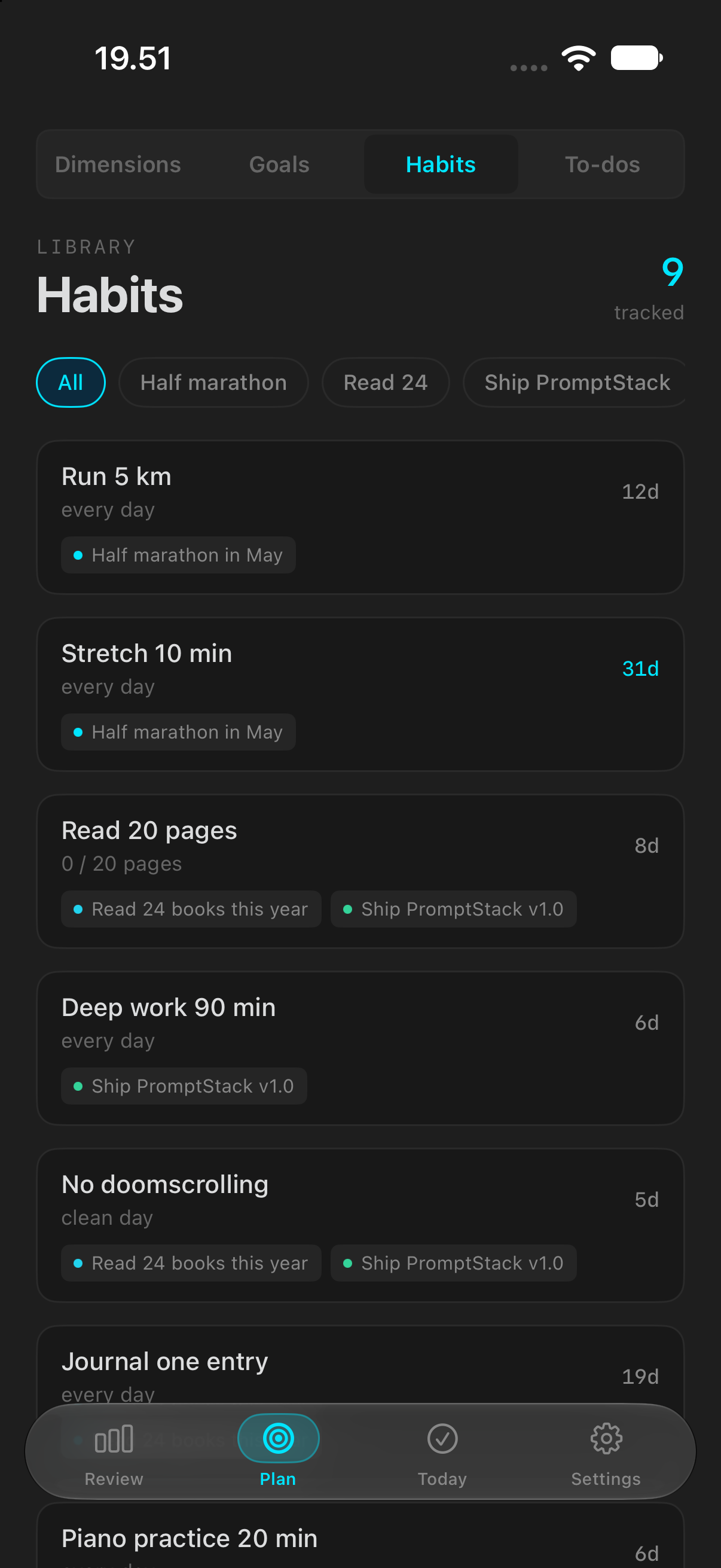 Satoe-Hub screenshot: Habits and their streaks