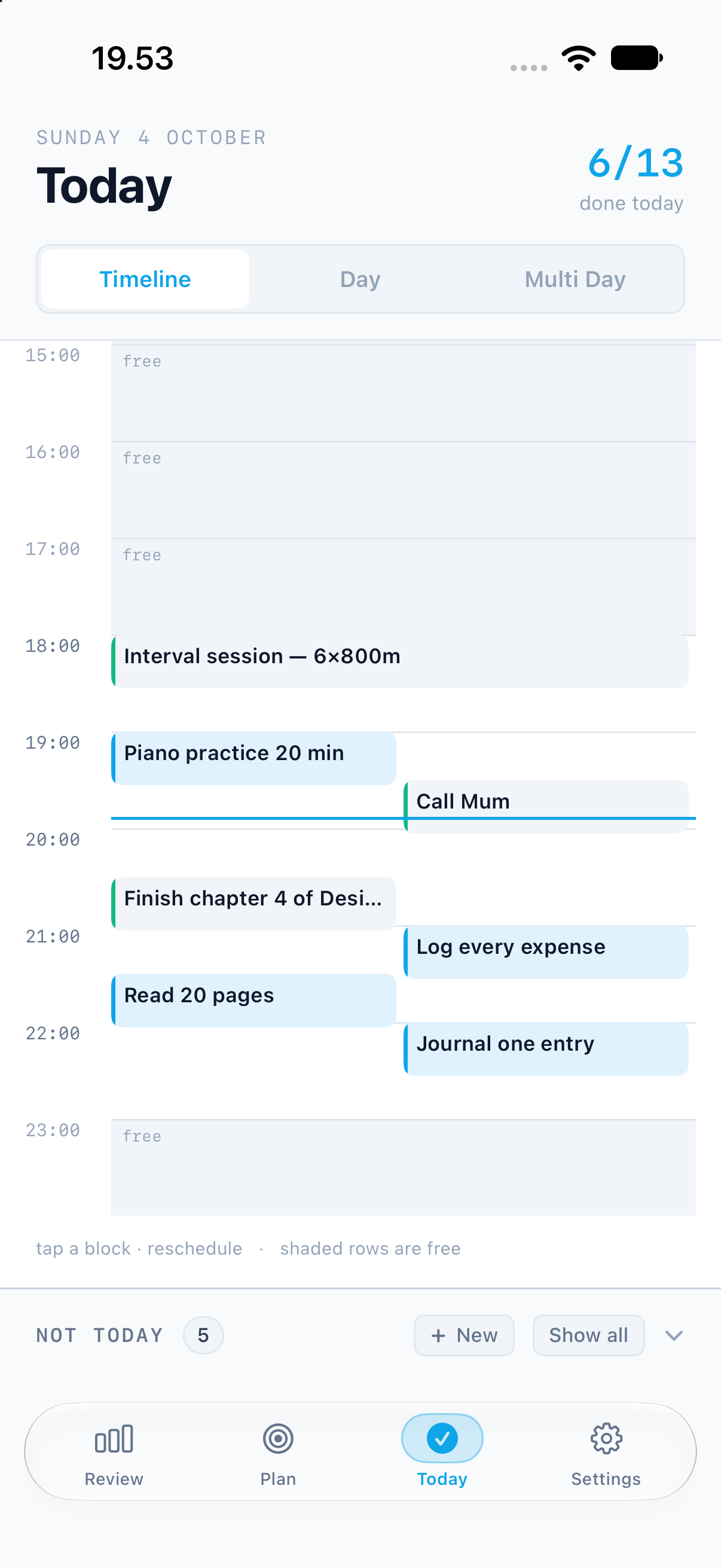 Satoe-Hub screenshot: Your day as a timeline