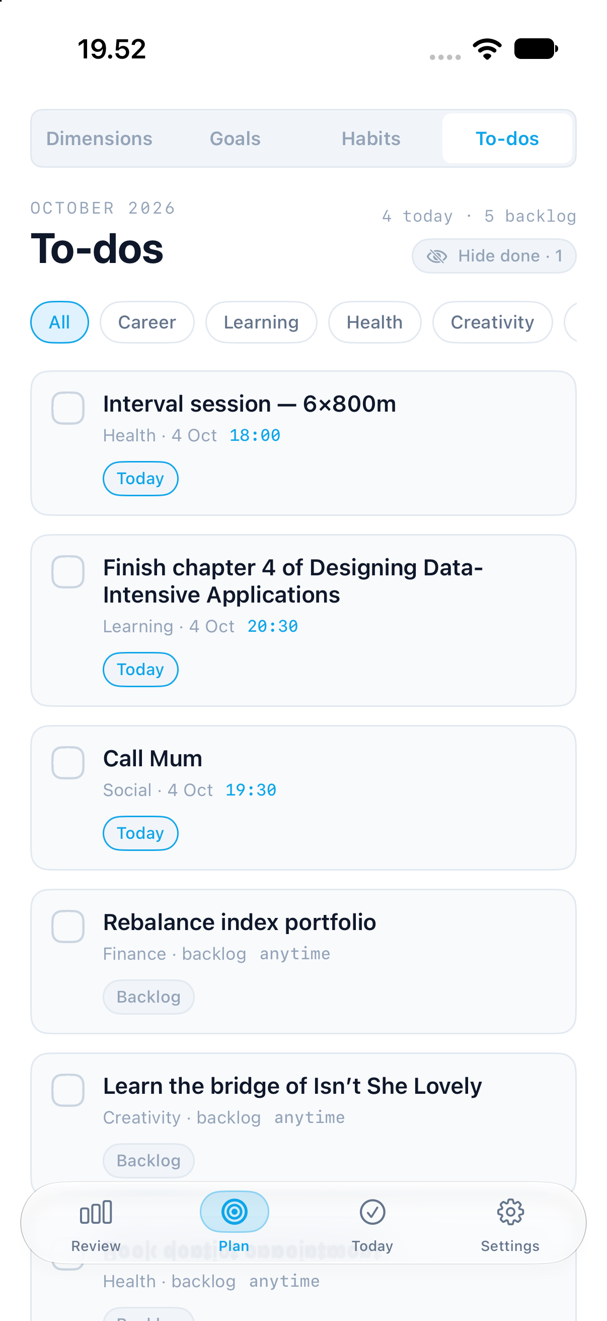 Satoe-Hub screenshot: To-dos by category